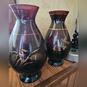 Vintage vase set of bamboo print and gold trim.